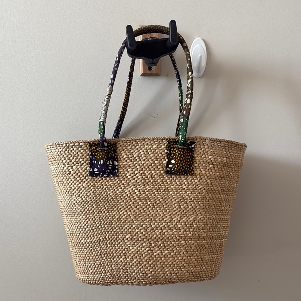 Tan and Black Woven Tote Bag with Sturdy Straps